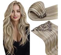 LaaVoo Extensiones Clip Castaño Claro con Mechas Rubio Platino Extensiones De Cabello Natural Clip 55cm/22Pulgadas Extensiones De Clip De Pelo Natural Remy 105g/7piezas #P8/60