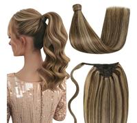 LaaVoo Extensiones Coleta Pelo Verdad Brown Highlight Caramelo Ligero 80g 35cm Extensiones Pelo Naturel Coleta Marron Platino Remy #P16/22
