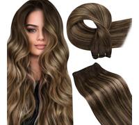 LaaVoo Extensiones cosidas de cabello humano real liso, balayage castaño con rubio caramelo, mezcla castaña, trama doble, 40 cm, 100 g