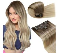 LaaVoo - Extensiones de cabello humano real Remy con Balayage de moreno a rubio en clip de doble trama, cabeza completa, 7 unidades de 40,6 cm, 120 g
