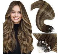 LaaVoo Extensiones De Cabello Natural Micro Ring Castaño Balayage Rubio Ombre Extensiones Pelo Micro Ring 40cm/16Pulgadas Extensiones De Cabello Humano Micro Loop 50g/50s #4/27/4