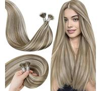 LaaVoo Extensiones De Cabello Natural Nano Ring Castaño Claro Con Mechas Rubio Claro Extensiones Pelo Nano Ring 45cm/18Pulgadas Extensiones Nano Ring Pelo Natural 50g/50s #P8/24