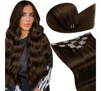 LaaVoo Extensiones de Clip de Pelo Natural Brown Oscuro 50cm 70g 5Piezas Extensiones Pelo Natural Humano Clip Castano Verdad Cabello Recta Remy #4