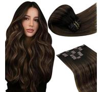 LaaVoo Extensiones de Clip de Pelo Natural Marrón Grisáceo 120g 7Piezas Extensiones Pelo Natural Humano Clip Marrón Grisáceo Verdad Cabello Recta 35cm Liso #1