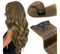 LaaVoo Extensiones de Clip de Pelo Natural Marrón Grisáceo 120g 7Piezas Extensiones Pelo Natural Humano Clip Marrón Grisáceo Verdad Cabello Recta 35cm Liso #1