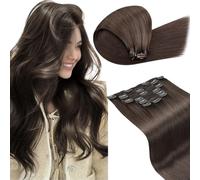 LaaVoo Extensiones de Clip de Pelo Natural Marrón Grisáceo 50cm 120g 7Piezas Extensiones Pelo Natural Humano Clip Marrón Grisáceo Verdad Cabello Recta Liso #1