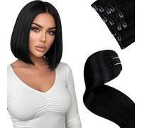 LaaVoo Extensiones de Clip de Pelo Natural Negro 70g 5Piezas Extensiones Pelo Natural Humano Clip Negro Verdad Cabello Recta 35cm Liso #1