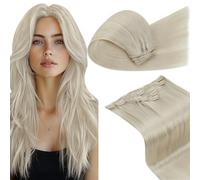 LaaVoo Extensiones de Clip Pelo Natural Platino Extensiones Pelo Natural Humano Clip Platino Verdad Cabello 35cm 70g 5Piezas Liso #60