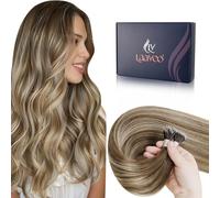 LaaVoo Extensiones de Pelo Nano Ring Castaño Medio Balayage Platino 45cm 50 Mechas Extensiones Cabello Humano Pelo Verdad Marron Ombre Dorado Claro 50g Mujeres Remy #3/8/24