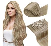 LaaVoo Extensiones De Pelo Natural Clip Rubio Dorado Mechas Rubio Medio Extensiones Clip 60cm/24Pulgadas Extensiones Pelo Natural Remy Clip 135g/7piezas #P16/22