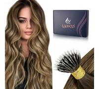 LaaVoo Extensiones de Pelo Natural Nano Ring Marron Balayage Dorado Claro 50cm 50 Mechas Extensiones Cabello Humano Brown Mezclado Caramelo Claro Ombre Pelo Verdad 50g Liso #4/27/4