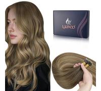 LaaVoo Extensiones de Pelo Natural Nano Ring Pelo Verdad Marron Blayage Caramelo 45cm 50 Mechas Extensiones Cabello Humano Nano Ring Browm Claro Ombre 50g Recta Liso #6/8/14