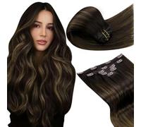 LaaVoo Extensiones Humain Pelo Natural Clip Marron Oscuro Balayage Castano 70g 5pcs 30cm Extensiones Cabello Humano Clip Brown Oscuro Ombre Marron Claro Liso #6/8/14