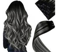LaaVoo Extensiones Humain Pelo Natural Clip Negro Balayage Silver 35cm 70g 5pcs Extensiones Cabello Humano Clip Negro Silver Ombre Liso #6/8/14