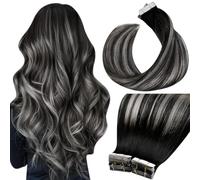 LaaVoo Extensiones Pelo Natural Adhesivas Negro Balayage Silver 100g 40pcs 35cm Extensiones de Cabello Humano Adhesivas Negro Ombre Plateado Liso #1b/s/1b