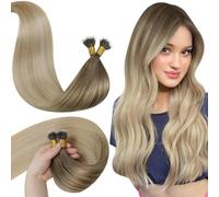 LaaVoo Extensiones Pelo Natural Nano Ring Castaño Claro Ombre Rubio Ceniza Balayage Rubio Platino Extensiones Nano Ring 35cm/14Pulgadas Extensiones Nano Invisibles 50g #8/18/60