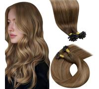 LaaVoo Extensiones Pelo Natural Queratina Balayage Marrón Ligero Ombre Dorado 100g 100 Mechóneses 45cm Extensiones Cabello Humano Queratino Pelo Verdad Caramelo Ligero Remy #ba8/59