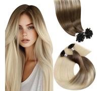 LaaVoo Extensiones Queratina de Pelo Natural Highlight Marron Claro Dorado 50g 50 Mechones 40cm Extensiones de Cabello de Verdad Humano Queratina Marrón y Rubio Ligero Remy #8/59