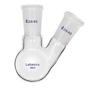 Labasics Vidrio 50ml RBF Matraz de Fondo Redondo con 2 Cuellos de Ángulos, 2 Neck Round Bottom Flask con Junta Exterior 24/40 Central y Lateral Estándar - 50ml