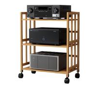 Labasuan Estante de Audio de bambú, Moderno Soporte Multimedia AV con Estante Ajustable en Altura, Armario esquinero con Ruedas para componentes estéreo, Ideal para Guardar(3-Tier,55cm/21.6in)
