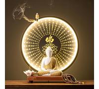 Labasuan Estatua de cerámica del Buda Shakyamuni, pequeña Estatua de Buda Sentado Blanco de cerámica con Anillo de luz LED y Pintura meridiana de corazón, Set de decoración para meditación