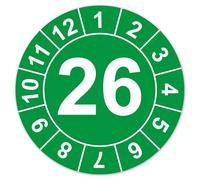 LabelTec 26 placas de prueba anuales con número de año para control de mantenimiento, inspección en equipos de equipos, máquinas, etiquetas de verificación, autoadhesivas, resistentes al agua LTC010