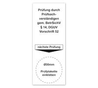 LabelTec Placa base para placa de prueba, examen por expertos según la norma BetrSichV §14 DGUV Reglamento 52, 40 x 100 m, adhesivo con marcador de posición LTH007 (10, para Ø30 mm)