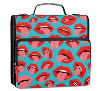 Labios Lengua Azul Patrón 3 Anillos 3.8 cm Cremallera Carpeta Bolsa con Correa Fácil de Llevar Suministros Escolares Organizador para Escuela y Oficina