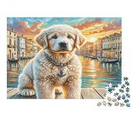 Labradoodle Rompecabezas DIY de Papel Premium Golden Retriever en Muelle de Madera Junto al Canal en Venecia, Alivio Decorativo del estrés 70x50cm/1000 Piezas