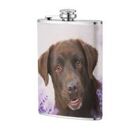 Labrador marrón, perro lavanda, retriever,Frasco de acero inoxidable 304 de 8 oz con funda de cuero sintético, frasco de bolsillo para licor plano para exteriores