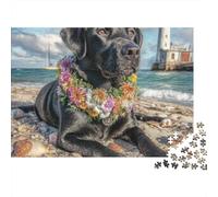 Labrador Negro Playa Puzzle para Adultos Puzzle de 1000 Piezas Guirnalda Floral Decoración Relajante 52x38cm/1000pcs