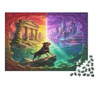 Labrador Negro Ruinas Fantásticas y Ciudad Futurista Puzzle de 1000 Piezas Puzzle para Adultos Papel Relajación Concentración Familiar Decoración Regalo 52x38cm/1000pcs