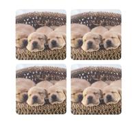 Labradores Cachorros Pequeños Golden Retriever,Posavasos Cuadrados de Corcho MDF, Almohadilla para Tazas, Juego de 4 Posavasos para Bebidas