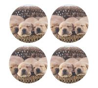Labradores Cachorros Pequeños Golden Retriever,Posavasos Redondos de Corcho MDF, Almohadilla para Tazas, Juego de 4 Posavasos para Bebidas
