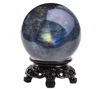 Labradorite Ball Crystal Sphere with Wood Stand,Gemstone Sphere Ball Sculpture Figurine for Fengshui Divination Home Decoration,3.9"(10cm)