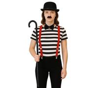 labreeze Charlie Chaplin - Juego de accesorios para disfraz, sombrero de bolos, pajarita negra, tirantes rojos, bastón y bigote, kit de disfraz de comedia de los años 20 para adultos, teatro, cosplay
