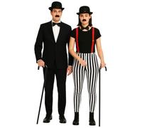 labreeze Charlie Chaplin - Juego de disfraz para parejas, 2 sombreros de bolo, 2 pajaritas, tirantes rojos, 2 bastones y 2 bigotes, kit de disfraz clásico de comedia para adultos y fiestas temáticas