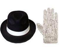 labreeze Juego de disfraz de Michael Jackson Sparkle Thriller, guante con lentejuelas y sombrero negro Trilby