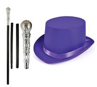 labreeze Sombrero de satén morado con bastón plateado Willy Wonka Chocolate Factory Style Fancy Dress Party Set