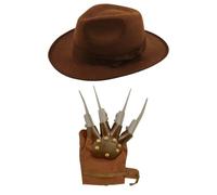 labreeze Sombrero explorador para niños y guantes de mano de garra marrón, estilo Freddy Krueger, unisex, disfraz de Halloween, disfraz de aventura, guantes de garra aterradora y sombrero de