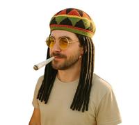 labreeze Sombrero rasta jamaicano de lujo para adultos con rastas, gafas redondas amarillas y chiste Spliff de 23 cm, accesorios de disfraz de reggae para hombres y mujeres, conjunto de fiesta de