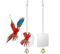 LABRIMP 2 Piezas Espejo de Jaula de Pájaros Columpio y Anilla, Acrílico | Incluye Campana, Cadena de Acero y Gancho, Formas Redonda y Cuadrada Color Aleatorio