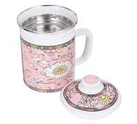 LABRIMP Taza de Café Vintage de Esmalte con Colador y Tapa Taza de Enamel para Infusiones para Senderismo y Uso Doméstico Diseño Antideslizante y Aislante Color Rosa con Flor