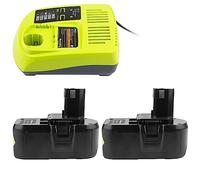 LabTEC RB18L50 - Batería de repuesto para Ryobi (18 V, 5 Ah, 2 paquetes con cargador de doble puerto USB para P117, 12 V, 18 V, One Plus, P107, P108, RB18L15, RB18L40)