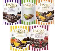 Lacasa Mi Momento pack de 5:Pistacho Leche 50G,Arándano choco Negro 125G,Pasas choco Negro 150G,Naranja choco Negro 125G,Mango choco Negro 115G