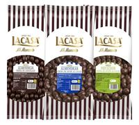 Lacasa Pack 3kg de bolas: Almendra con chocolate Negro,Almendra con chocolate con Leche,Pistachos con chocolate Leche