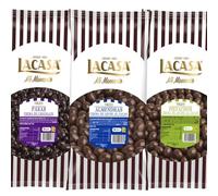 Lacasa Pack 3kg de bolas: Pasas de Corinto con chocolate Negro,Almendra con chocolate con Leche,Pistachos con chocolate Leche