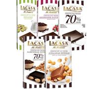Lacasa pack 5 tabletas de chocolate:leche avellanas , arándanos ,leche pistacho 90g ,negro 100g , almendra 200g
