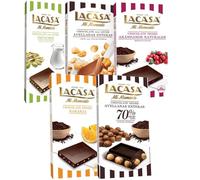 Lacasa pack 5 tabletas de chocolate:leche avellanas, naranja chocolate negro, arándanos,leche pistacho 90g, avellana 200g
