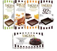 Lacasa pack 5 tabletas de chocolate:leche avellanas, naranja chocolate negro,leche pistacho 90g,cacao 92%,culinaria 200g